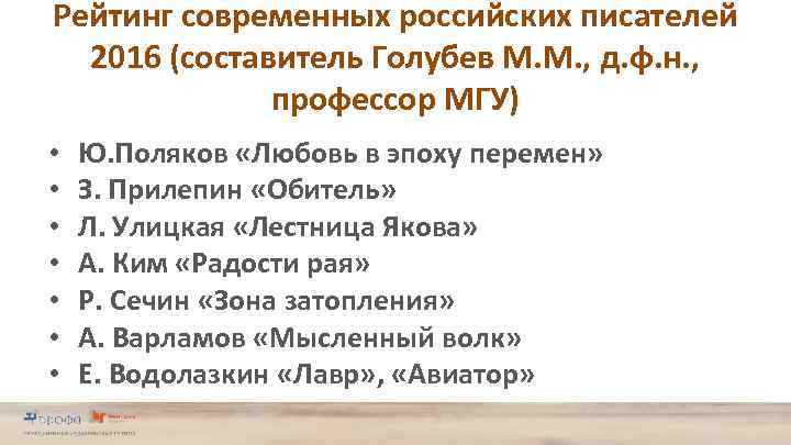 Рейтинг современных российских писателей 2016 (составитель Голубев М. М. , д. ф. н. ,