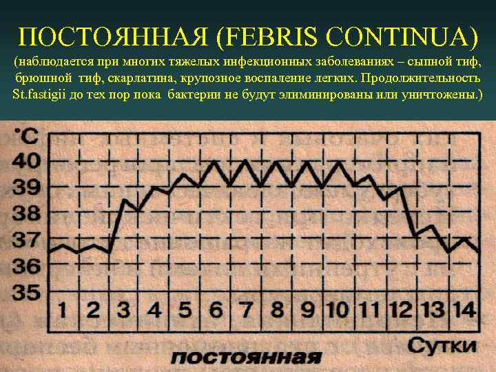 ПОСТОЯННАЯ (FEBRIS CONTINUA) (наблюдается при многих тяжелых инфекционных заболеваниях – сыпной тиф,  брюшной
