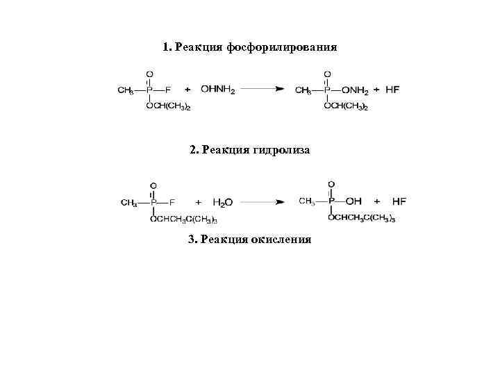 1. Реакция фосфорилирования   2. Реакция гидролиза  3. Реакция окисления 