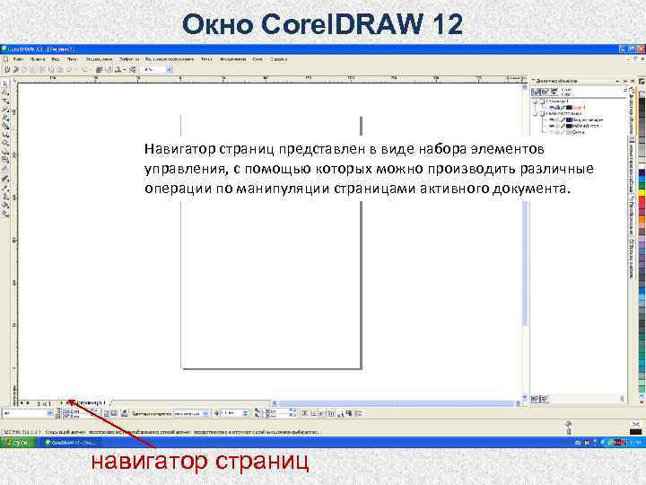   Окно Corel. DRAW 12  Навигатор страниц представлен в виде набора элементов
