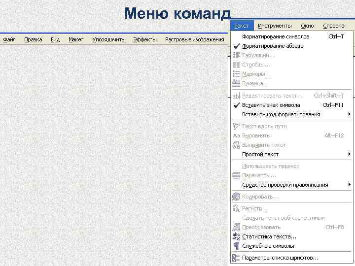 Меню команд 