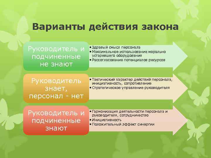  Варианты действия закона Руководитель и • Здравый смысл персонала • Максимальное использование морально