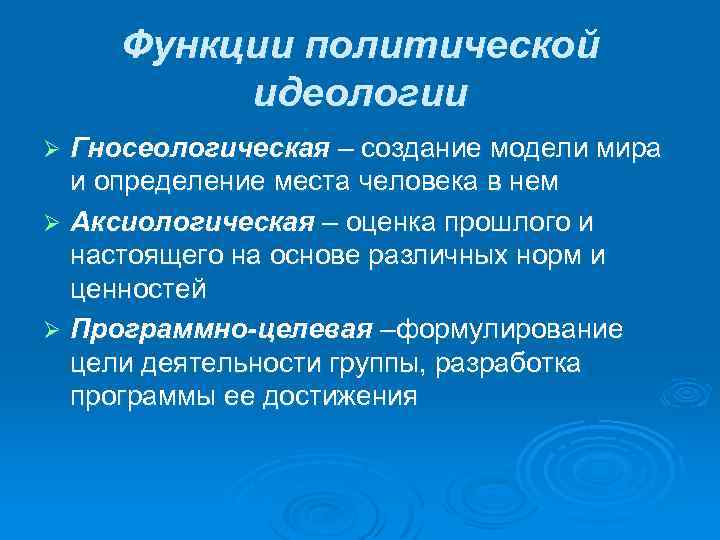 Функции политической идеологии Гносеологическая – создание модели мира и определение места человека в нем