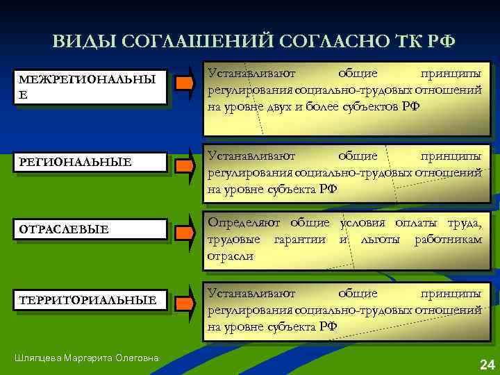 ВИДЫ СОГЛАШЕНИЙ СОГЛАСНО ТК РФ МЕЖРЕГИОНАЛЬНЫ Е РЕГИОНАЛЬНЫЕ ОТРАСЛЕВЫЕ ТЕРРИТОРИАЛЬНЫЕ Шляпцева Маргарита Олеговна Устанавливают