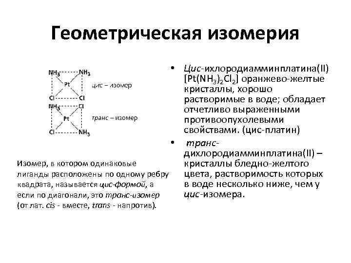    Геометрическая изомерия       • Цис-ихлородиамминплатина(II) 
