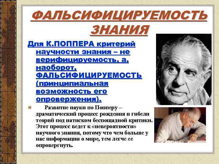 ФАЛЬСИФИЦИРУЕМОСТЬ  ЗНАНИЯ Для К. ПОППЕРА критерий научности знания – не верифицируемость, а, 