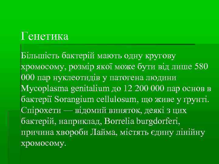 Генетика Більшість бактерій мають одну кругову хромосому, розмір якої може бути від лише 580