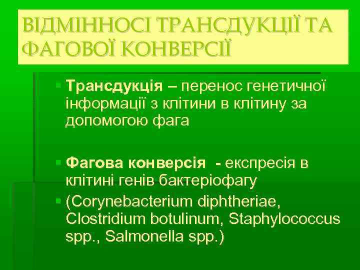 ВІДМІННОСІ ТРАНСДУКЦІЇ ТА ФАГОВОЇ КОНВЕРСІЇ Трансдукція – перенос генетичної інформації з клітини в клітину