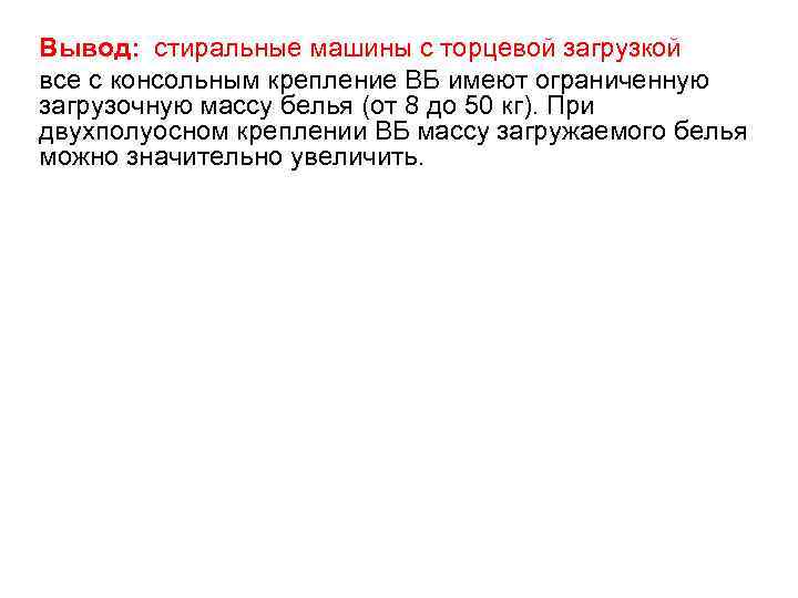 Вывод: стиральные машины с торцевой загрузкой все с консольным крепление ВБ имеют ограниченную загрузочную