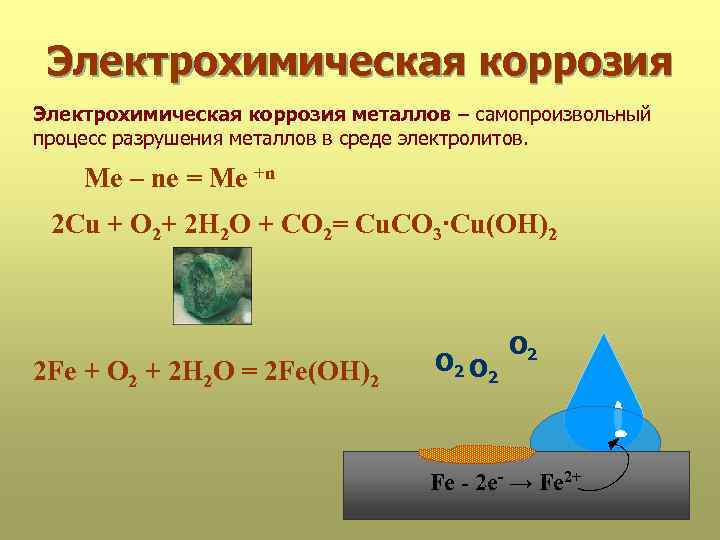  Электрохимическая коррозия металлов – самопроизвольный процесс разрушения металлов в среде электролитов.  Me