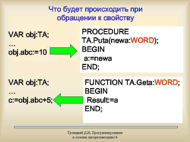   Что будет происходить при   обращении к свойству VAR obj: TA;