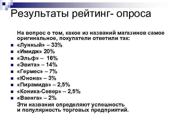 Результаты рейтинг- опроса На вопрос о том, какое из названий магазинов самое оригинальное, покупатели