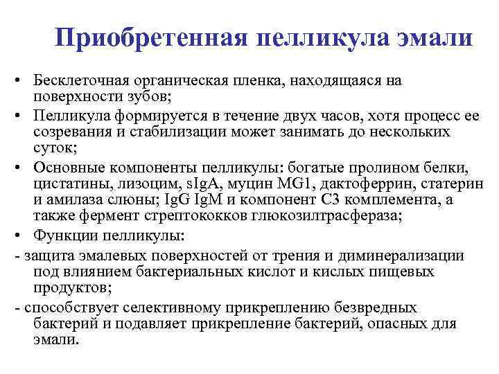  Приобретенная пелликула эмали • Бесклеточная органическая пленка, находящаяся на  поверхности зубов; 