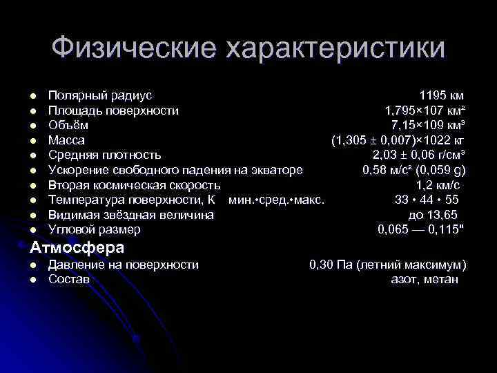   Физические характеристики l  Полярный радиус     1195 км