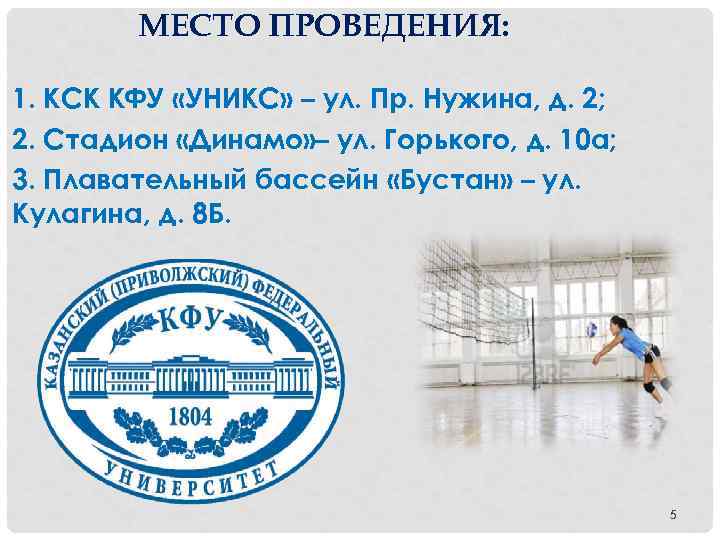   МЕСТО ПРОВЕДЕНИЯ:  1. КСК КФУ «УНИКС» – ул. Пр. Нужина, д.
