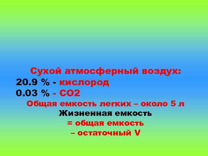 Сухой атмосферный воздух: 20. 9 % - кислород 0. 03 % - СО 2