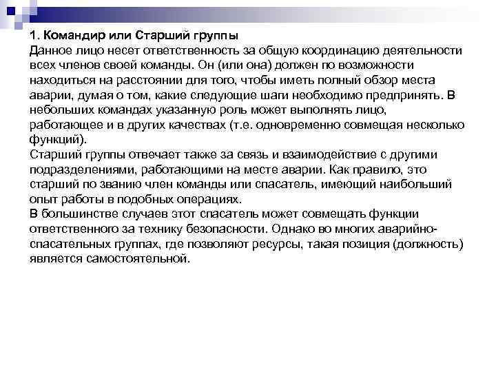 1. Командир или Старший группы Данное лицо несет ответственность за общую координацию деятельности всех