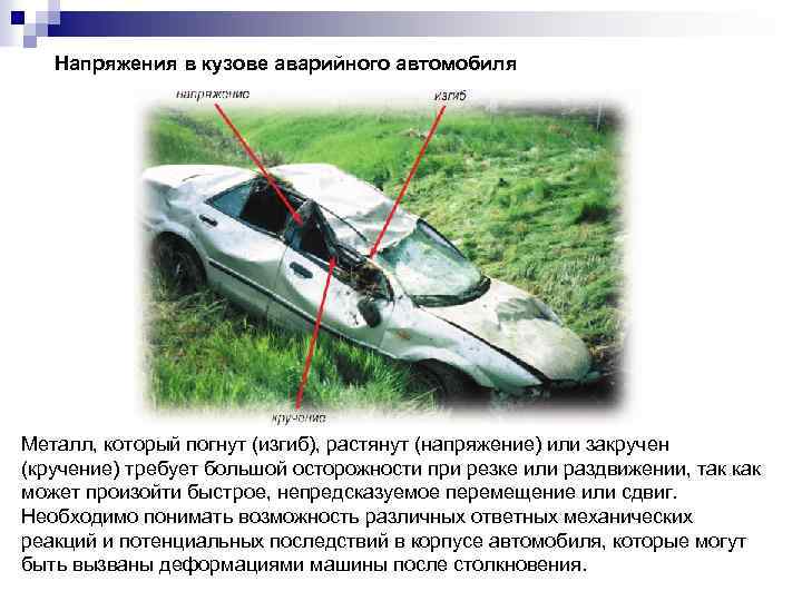 Напряжения в кузове аварийного автомобиля Металл, который погнут (изгиб), растянут (напряжение) или закручен (кручение)