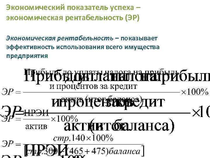 Экономический показатель успеха – экономическая рентабельность (ЭР) Экономическая рентабельность – показывает эффективность использования всего