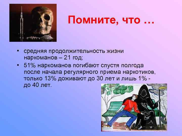     Помните, что …  • средняя продолжительность жизни  наркоманов