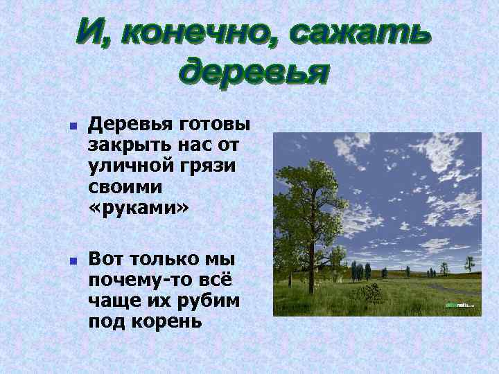 n Деревья готовы закрыть нас от уличной грязи своими «руками» n n Деревья готовы закрыть нас от уличной грязи своими «руками» n