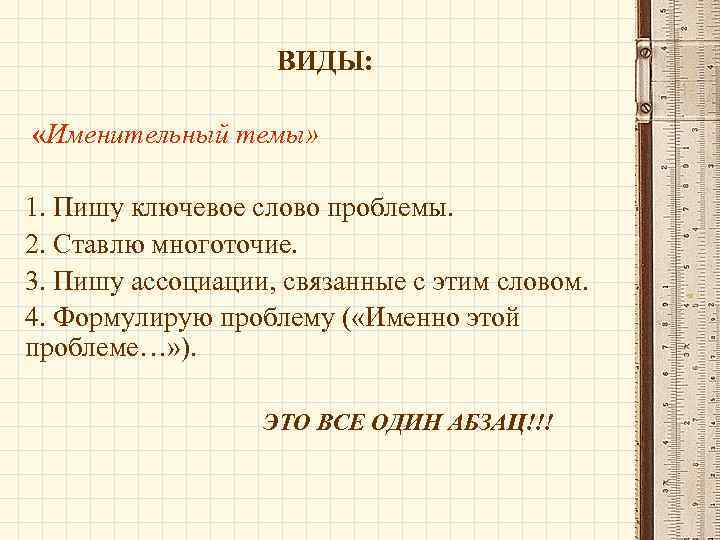 ВИДЫ: «Именительный темы» 1. Пишу ключевое слово проблемы. 2. Ставлю многоточие. 3. Пишу ассоциации,