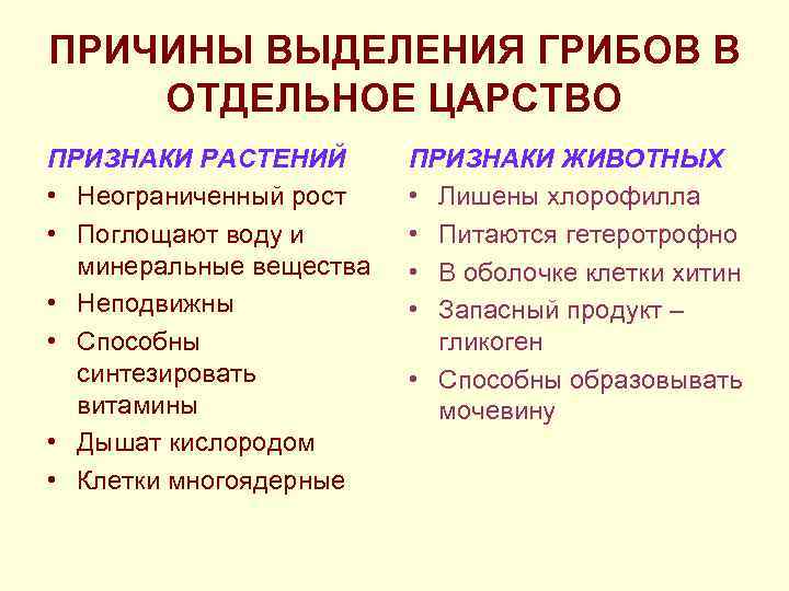ПРИЧИНЫ ВЫДЕЛЕНИЯ ГРИБОВ В ОТДЕЛЬНОЕ ЦАРСТВО ПРИЗНАКИ РАСТЕНИЙ  ПРИЗНАКИ ЖИВОТНЫХ • Неограниченный рост