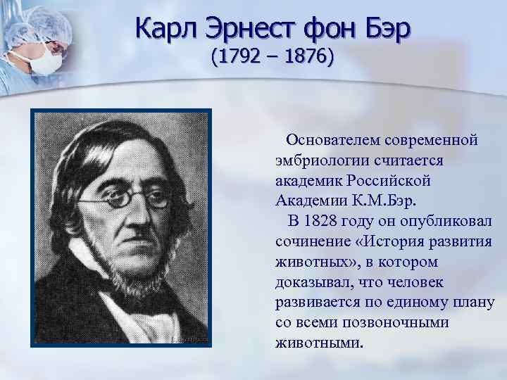 Карл Эрнест фон Бэр (1792 – 1876)    Основателем современной  эмбриологии