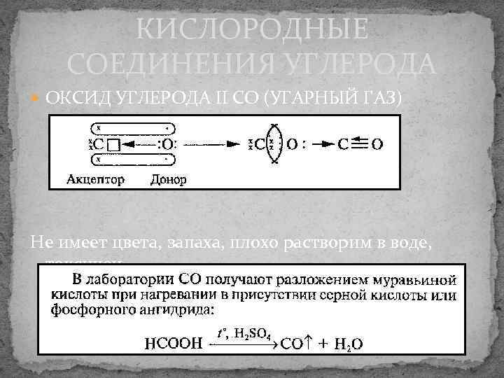   КИСЛОРОДНЫЕ СОЕДИНЕНИЯ УГЛЕРОДА  ОКСИД УГЛЕРОДА II СО (УГАРНЫЙ ГАЗ) Не имеет