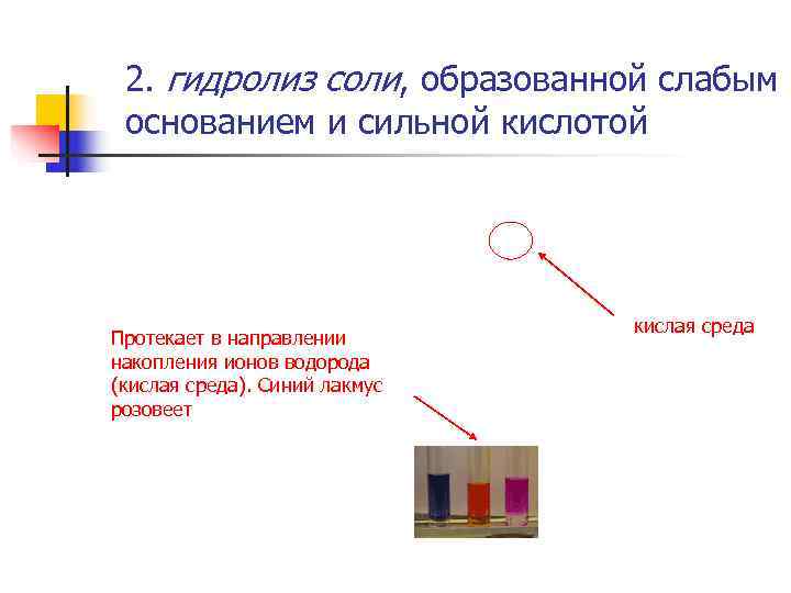  2. гидролиз соли, образованной слабым основанием и сильной кислотой    