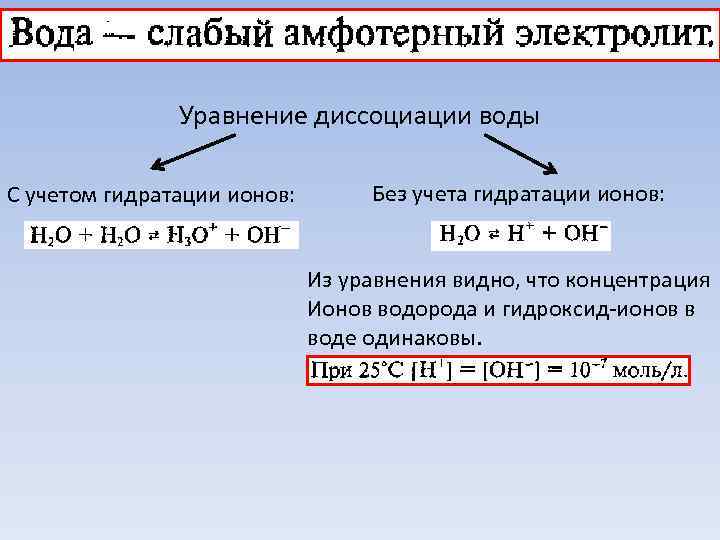     Уравнение диссоциации воды С учетом гидратации ионов:   Без