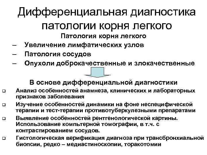 Дифференциальная диагностика патологии корня легкого – – – Патология корня легкого Увеличение лимфатических узлов