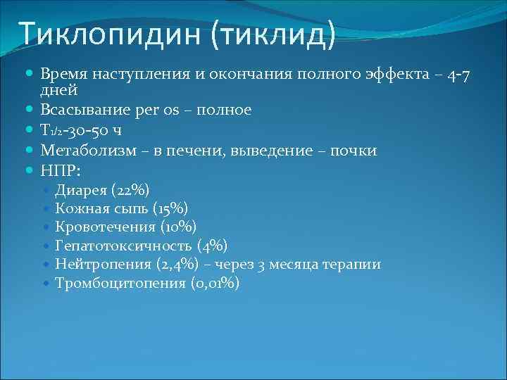 Тиклопидин (тиклид) Время наступления и окончания полного эффекта – 4 -7 дней Всасывание per