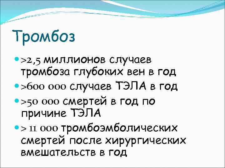 Тромбоз >2, 5 миллионов случаев тромбоза глубоких вен в год >600 000 случаев ТЭЛА