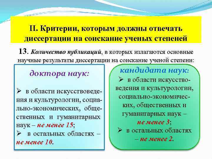 II. Критерии, которым должны отвечать диссертации на соискание ученых степеней 13. Количество публикаций, в