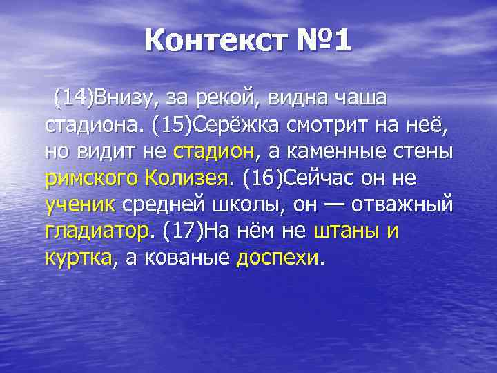 Контекст № 1 (14)Внизу, за рекой, видна чаша стадиона. (15)Серёжка смотрит на неё, но