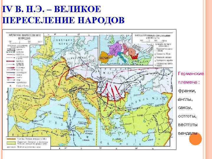 IV В. Н. Э. – ВЕЛИКОЕ ПЕРЕСЕЛЕНИЕ НАРОДОВ Германские племена : франки, англы, саксы,