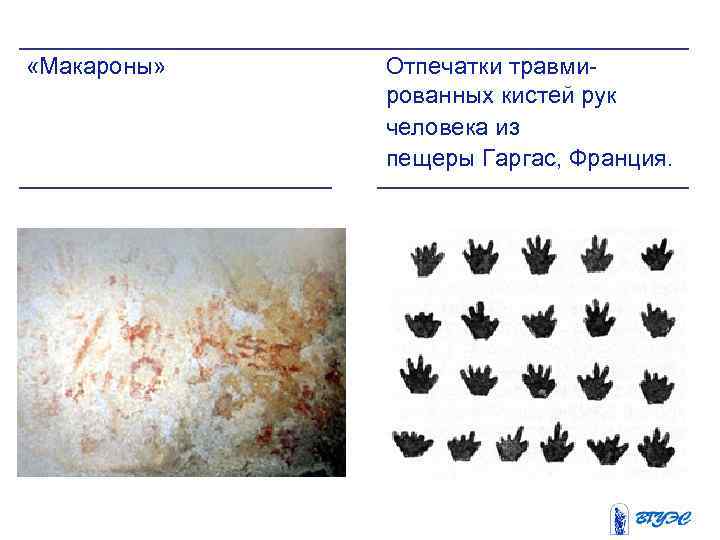  «Макароны» Отпечатки травмированных кистей рук человека из пещеры Гаргас, Франция. 
