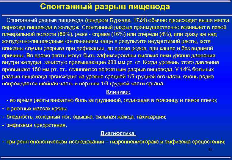Спонтанный разрыв пищевода (синдром Бурхаве, 1724) обычно происходит выше места перехода пищевода в желудок.