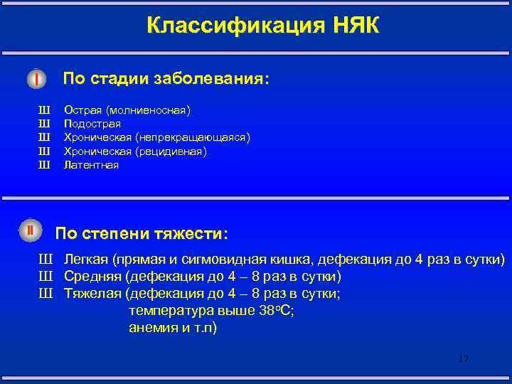 Классификация НЯК I Ш Ш Ш II По стадии заболевания: Острая (молниеносная) Подострая Хроническая
