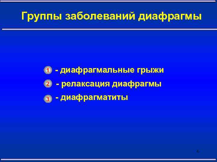 Группы заболеваний диафрагмы 1 - диафрагмальные грыжи 2 - релаксация диафрагмы 3 - диафрагматиты