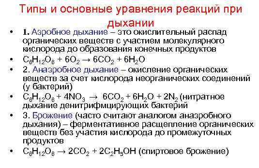  • • • Типы и основные уравнения реакций при дыхании 1. Аэробное дыхание