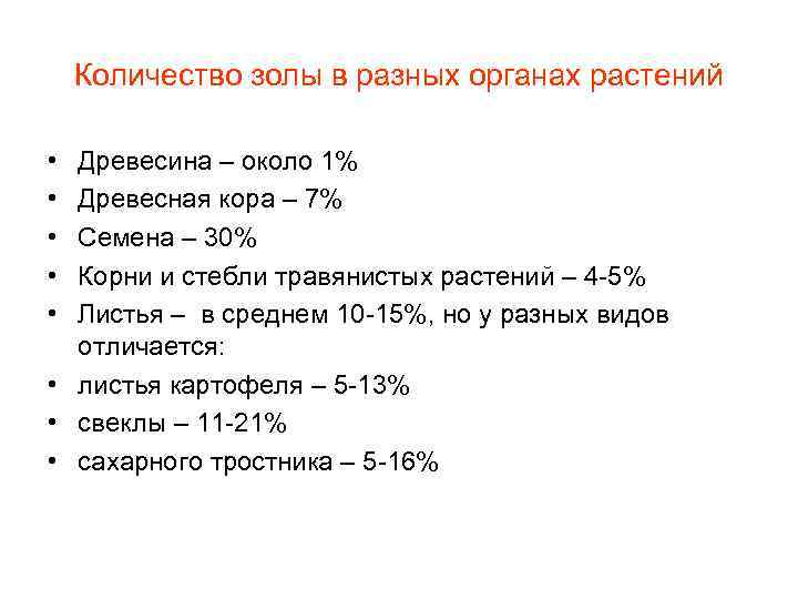 Количество золы в разных органах растений • • • Древесина – около 1% Древесная