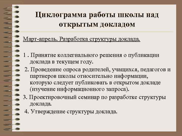 Циклограмма работы школы над открытым докладом Март-апрель. Разработка структуры доклада. 1. Принятие коллегиального решения