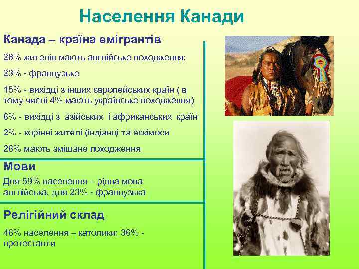 Населення Канади Канада – країна емігрантів 28% жителів мають англійське походження; 23% - французьке