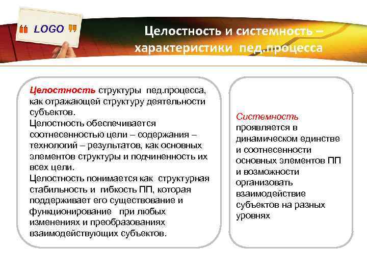 LOGO Целостность и системность – характеристики пед. процесса Целостность структуры пед. процесса, как отражающей