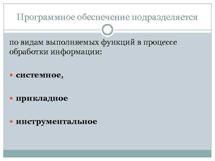 Программное обеспечение подразделяется по видам выполняемых функций в процессе обработки информации: системное, прикладное инструментальное