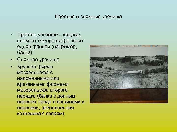 Простые и сложные урочища • Простое урочище – каждый элемент мезорельефа занят одной фацией