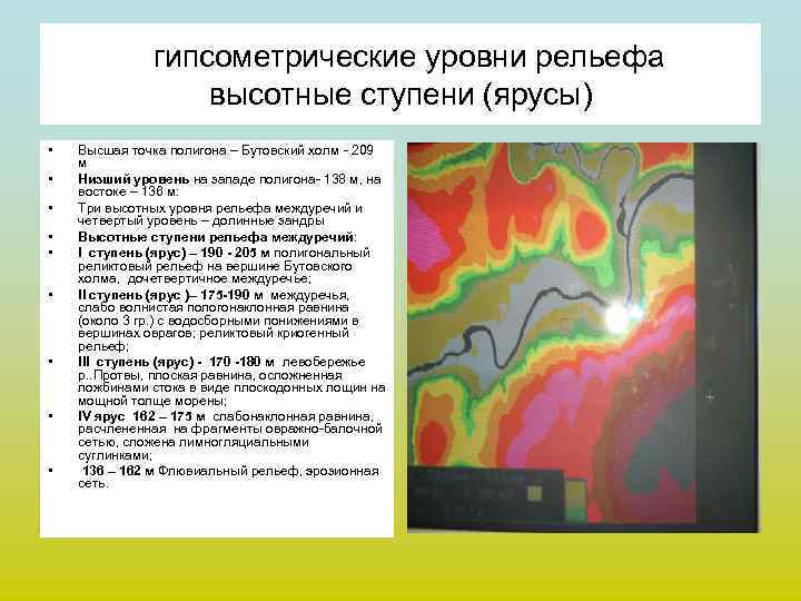 гипсометрические уровни рельефа высотные ступени (ярусы) • • • Высшая точка полигона – Бутовский