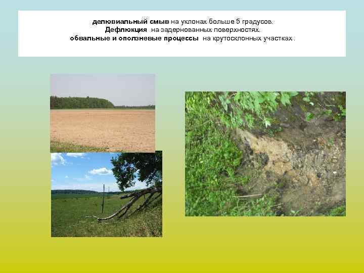 делювиальный смыв на уклонах больше 5 градусов. Дефлюкция на задернованных поверхностях. обвальные и оползневые
